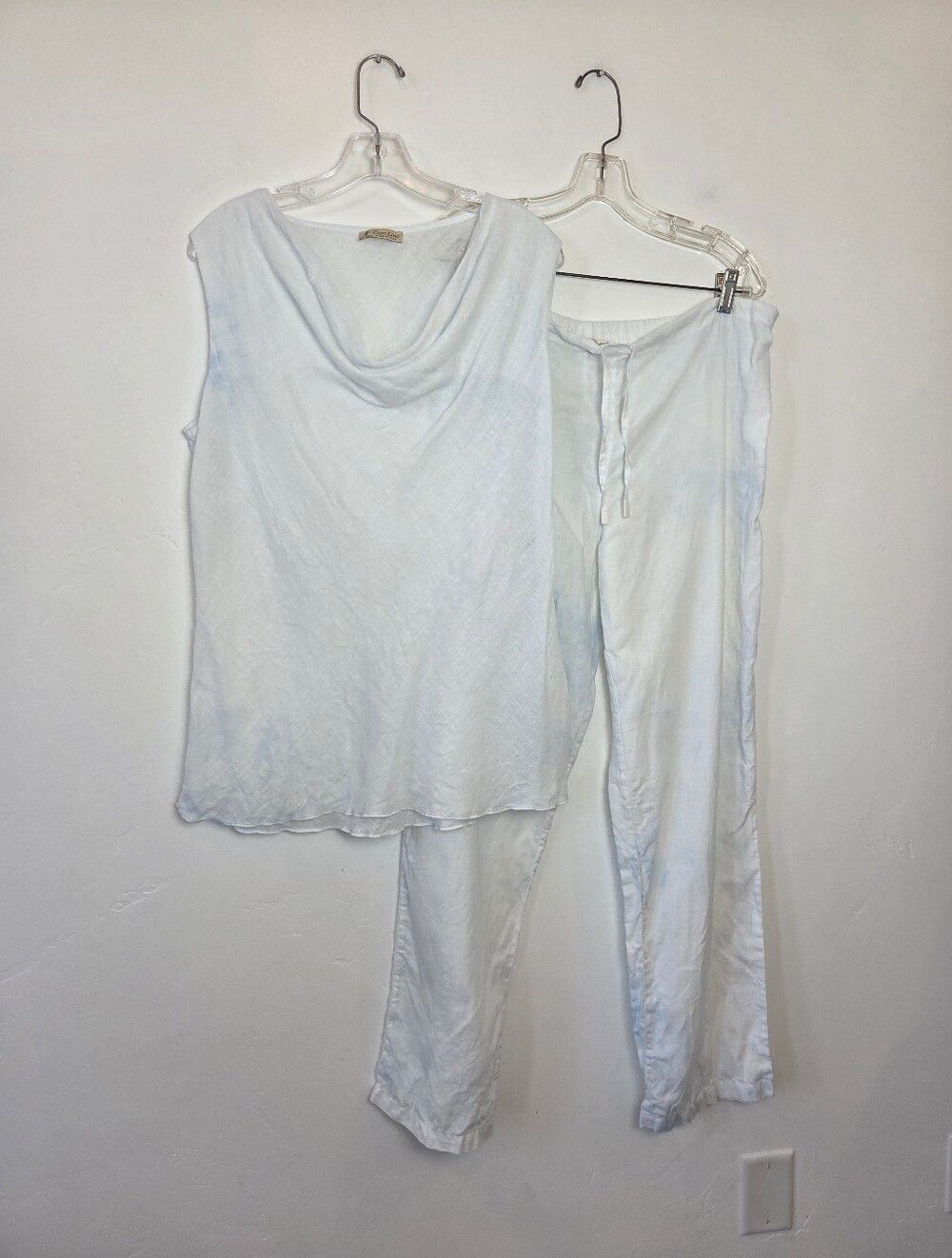 *Flawed* Puro Lino White Linen Set Pants Blouse Beach Summer Lagenlook XXL